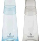 Two conical glass bottles, one blue and one gray, with cups inverted on top. Both bottles have the Campfire Industries logo printed on them.
