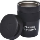 A black travel mug with the text C-LINK AGENCY printed on the side. The mug has a removable lid placed beside it, featuring a simple, ergonomic design.