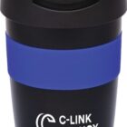 A black reusable coffee cup with a blue band around the middle. The cup has a black lid and features the logo C-LINK AGENCY in white lettering on the front.