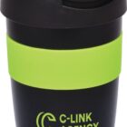 A black travel mug with a green band and lid. The mug features the text C-Link Agency and a logo in green.