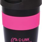 A black reusable coffee cup with a pink band and lid. The cup features the text C-LINK AGENCY in pink with a logo above it, also in pink.