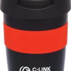 A black travel mug with a red band and a secure lid. The mug features the text C-Link Agency in white.