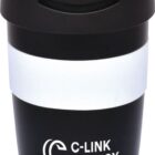 A black reusable coffee cup with a white band. The band features the logo C-Link Agency. The cup has a black lid with a small opening for drinking.