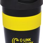 A black travel mug with a yellow band and lid, featuring the text C-LINK AGENCY in yellow.