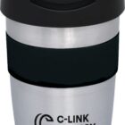 A stainless steel travel mug with a black lid and black grip band. The text C-Link Agency is printed on the side.