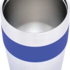 A silver stainless steel tumbler with a large blue band around its middle. The interior appears metallic and reflective. The tumbler is empty and viewed from a slightly elevated angle.