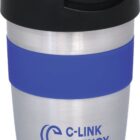 A silver travel mug with a black lid and a blue silicone grip band. The mug features the text C-LINK AGENCY in blue along with a circular logo on its front.