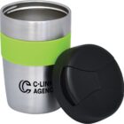 A stainless steel travel mug with a green silicone grip band and a black lid, featuring the logo C-Link Agency in black text on the side.