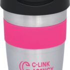A stainless steel travel mug with a black lid and a pink silicone band. The mug has C-Link Agency printed in pink text on the silver body.
