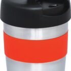 A stainless steel travel mug with a black sip lid and a red silicone band around the middle. The words C-Link Agency are printed in red on the mug, alongside a stylized logo.