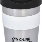 A stainless steel travel mug with a black lid and a white grip band. The text C-LINK AGENCY is printed on the front, along with a logo featuring two interlocking Cs.