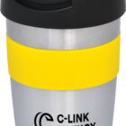 A stainless steel travel mug with a black lid and a yellow band around the middle. The mug features the text C-LINK AGENCY and a logo in black.
