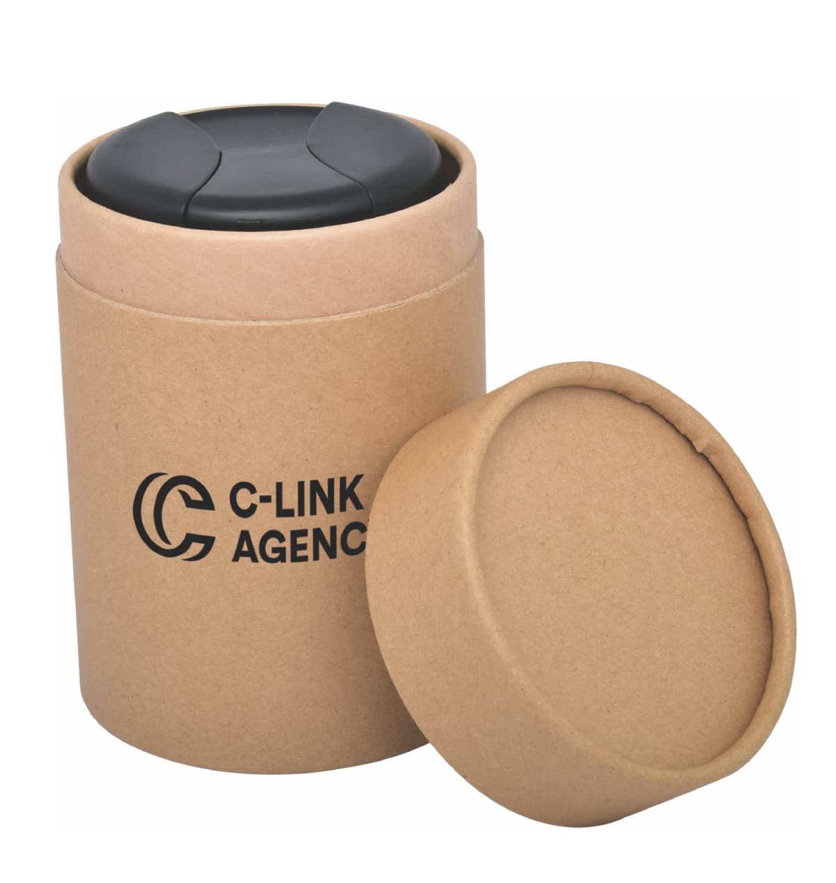 A cylindrical cardboard container with the lid off, revealing a black item inside. The container has the text C-Link Agency printed on it. The lid is placed next to the container.