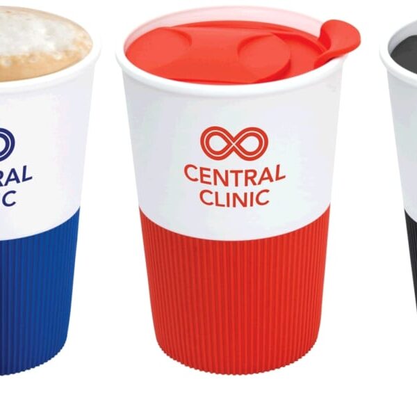 Three cups with Central Clinic logos, each featuring ribbed grips and colored lids: a latte with a blue lid beside another blue lid, a cup with a red lid, and a cup with a black lid.