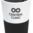A white reusable travel mug with a black lid and base. The mug features the text Central Clinic with an infinity symbol above it.