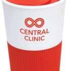 A red and white takeaway cup with a sealable lid. The top half is white and features the logo and text Central Clinic. The bottom half is red with a ribbed texture for grip.