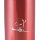A shiny red thermos with the logo and text Templist Technologies printed in white on the front. The thermos has a smooth, reflective surface and a wide opening at the top.