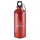 A shiny red metal water bottle with a black plastic cap and a silver carabiner attached. The bottle features the logo and name Templist Technologies in white text.