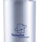 A silver water bottle with a black cap featuring a metal carabiner. The bottle displays a blue logo with text Templist technologies.