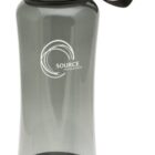 A gray, translucent water bottle with a metal cap and a black carrying strap. The bottle features a white circular logo with the words Source Recruitment printed on the front.