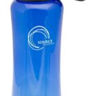 A transparent blue water bottle with a stainless steel cap and base. It has a black strap attached to the cap and a logo printed on the front.