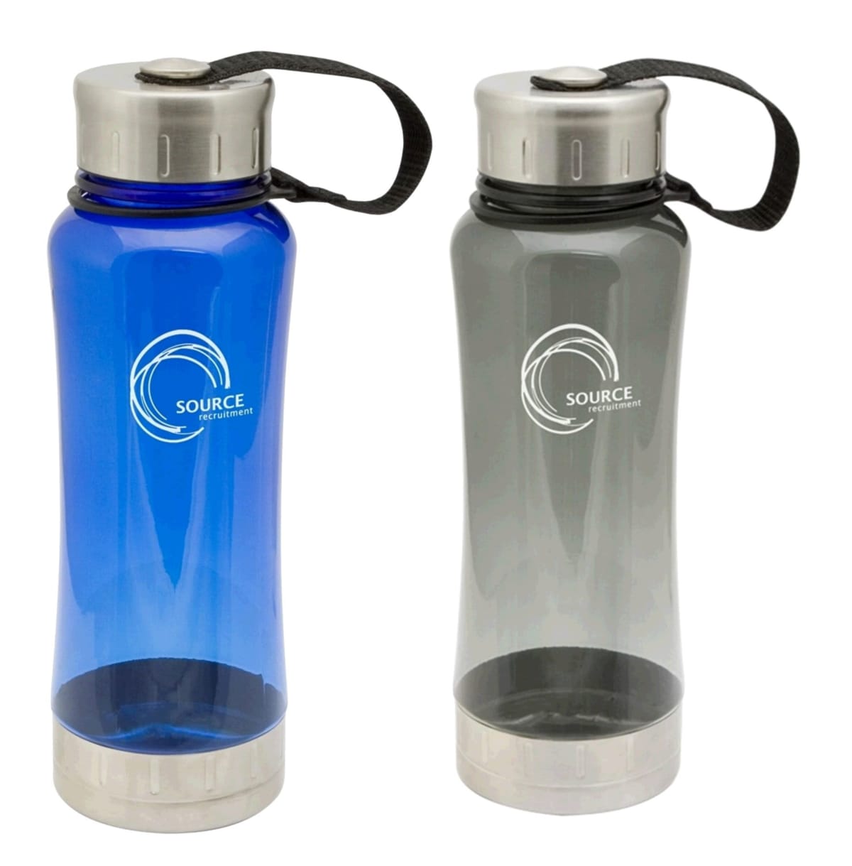 Two BPA-free water bottles are displayed, one blue and one gray, both with a stainless steel lid and black strap. Each bottle features the SOURCE logo on the front.