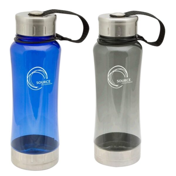 Two reusable water bottles with metallic lids and carrying straps are shown. One bottle is blue and the other is gray. Both feature a printed logo of a swirling circle with the text SOURCE.