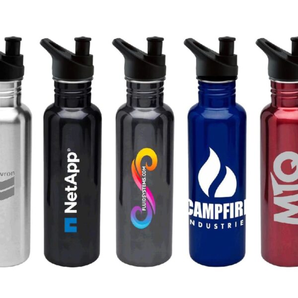 Five stainless steel water bottles are lined up. They have black lids and feature different logos: a silver Chevron logo, a black NetApp design, a colorful Fusion Network symbol, a blue Campfire Industrie emblem, and a red MIQ logo.