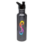 A gray metallic water bottle with a black lid and spout, featuring a colorful logo with interlocking swirls in yellow, orange, and blue, and the text FLUIDSTOKES.COM on the front.