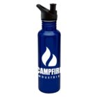 A blue water bottle with a black flip-top lid. It features a white flame logo and the text CAMPFIRE INDUSTRIES printed on its side.