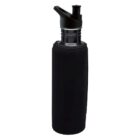 A stainless steel water bottle with a sleek black neoprene sleeve and a black plastic lid featuring a flip-top spout.