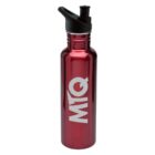 A metallic red water bottle with a black flip-top lid and a straw. The bottle features a white MTQ logo on its side.