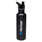 A sleek black water bottle featuring the NetApp logo in white and blue. The bottle has a screw-on lid with a spout and a black handle for easy carrying.