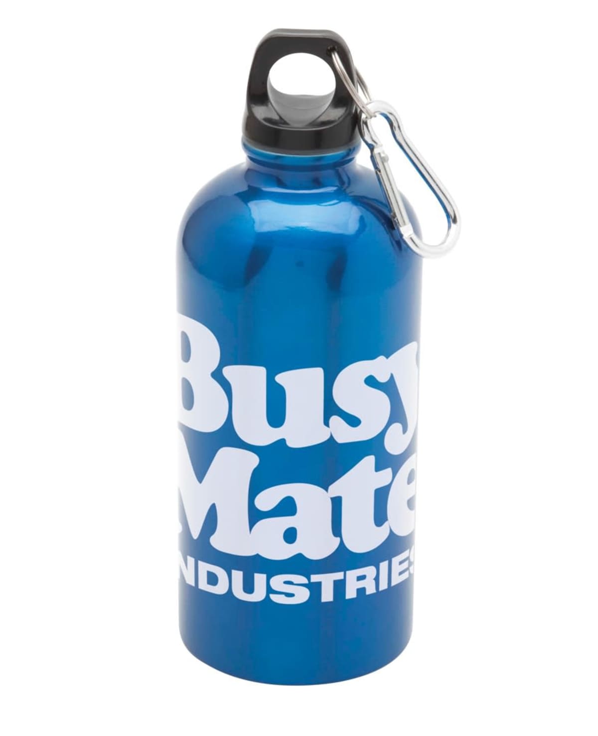 A blue metal water bottle with a black cap and silver carabiner attached. The words Busy Mate INDUSTRIES are printed in large white letters on the bottles side.