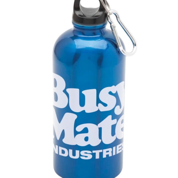 A blue metal water bottle with the words Busy Mate Industries printed in large white letters. It has a black cap with an attached silver carabiner clip. The bottle is displayed against a plain white background.