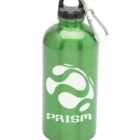 A green metal water bottle with a black cap and silver carabiner clip. It features a white abstract logo and the text PRISM on its surface.