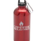 A shiny red metal water bottle with a black cap and a silver carabiner attached to the top. The bottle has Campfire Industries written in white with a flame logo above the text.