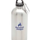 A silver metallic water bottle with a black cap and a carabiner attached. The front features a blue flame logo and the text Backdraft Designs.