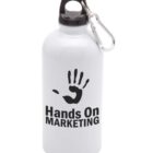 A white water bottle with a black handprint graphic and the words Hands On Marketing printed on it. It has a black screw-on cap with a metal carabiner attached.
