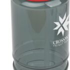 A translucent gray water bottle with a black screw-on lid and red spout. It features a logo with an abstract star design and the text CROSSWAY FREIGHT SERV on its side. The bottle has grooved sides for easy gripping.