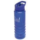 A blue plastic water bottle with Take Note! printed on it in white. The bottle has a flip-top lid with a built-in handle and a textured grip around the body.