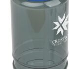 A gray transparent water bottle with a black flip-top lid and blue accent. The bottle features a white logo and text on its surface. The design includes indented rings around the bottom half for grip.