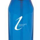 A blue reusable water bottle with a black lid and clear drinking spout. It has the Visionary Printing logo in white on the front.