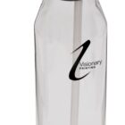 A clear plastic water bottle with a black screw-on lid featuring a flip-top straw. The bottle has a logo that reads Visionary Printing in black.