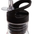Close-up of a clear water bottle with a black screw-on lid. The lid features an open handle and a transparent straw spout sticking out, designed for easy carrying and sipping. The bottle is partially visible.