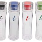 Four transparent water bottles with colored lids: black, blue, red, and green. Each bottle features the text Visionary with a matching colored logo on the front.