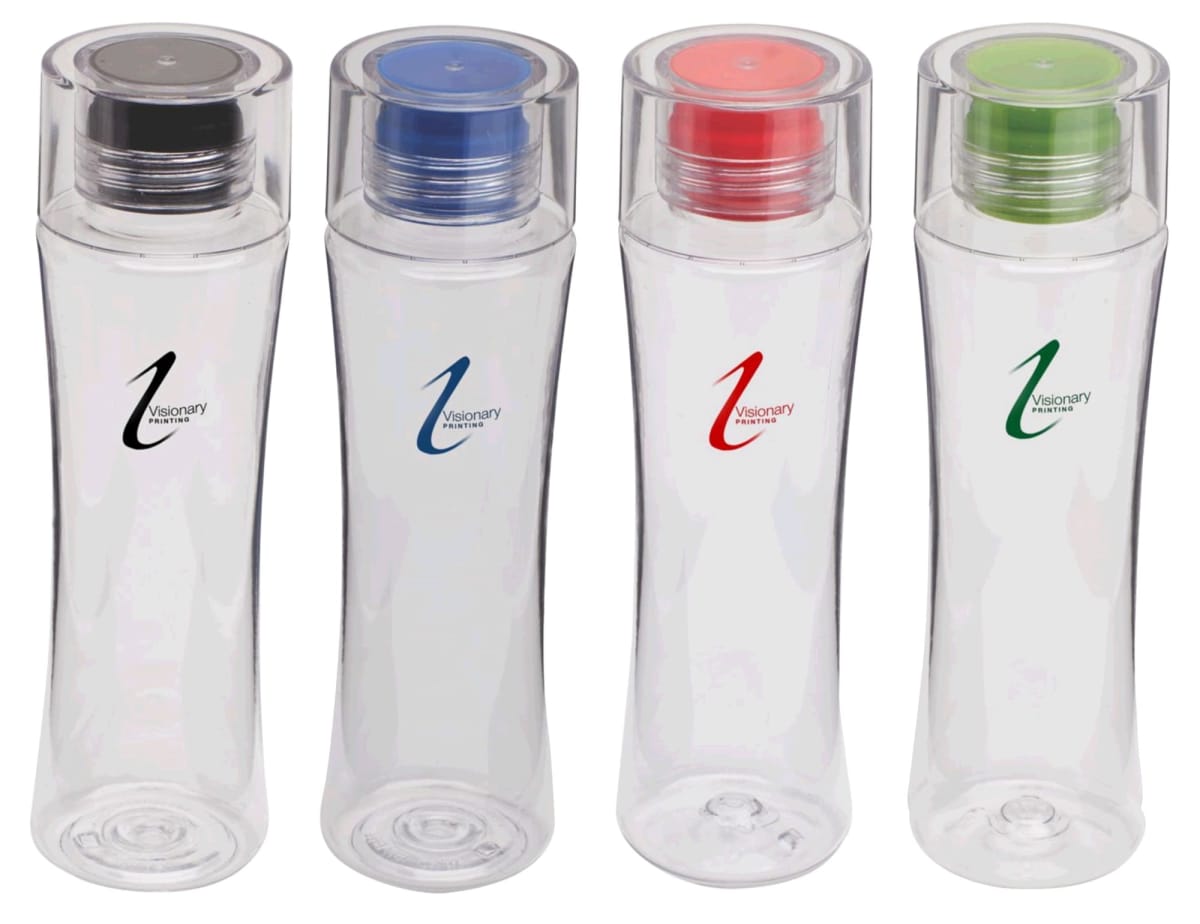 Four transparent water bottles with colored lids: black, blue, red, and green. Each bottle features the text Visionary with a matching colored logo on the front.