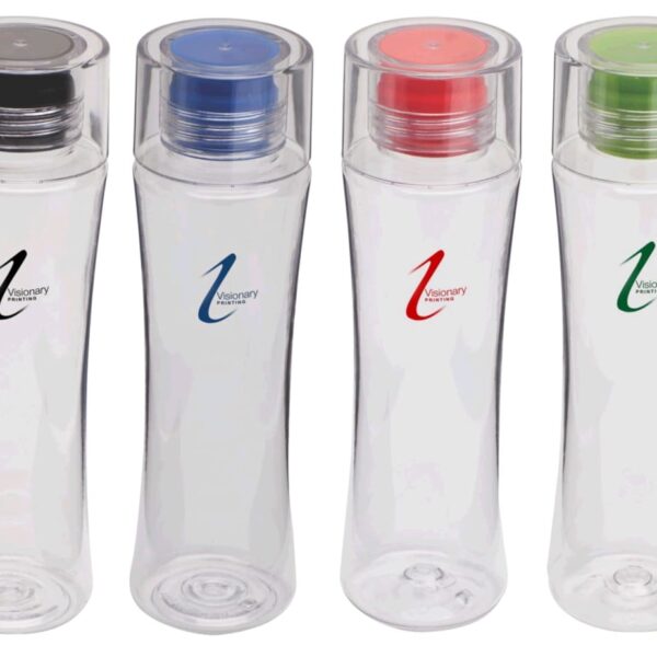 Four clear water bottles with colored lids (black, blue, red, green) and corresponding colored logos on the front. Each bottle has a transparent cap covering the colored lid.