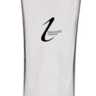 A transparent water bottle with a black logo and the words Visionary Ministries printed on it. The bottle has a screw-on lid and a sleek, curved design.