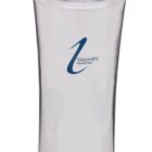 A clear plastic water bottle with a blue screw-on lid and a blue logo on the front that reads Visionary Prints. The bottle has a curved shape and is empty.